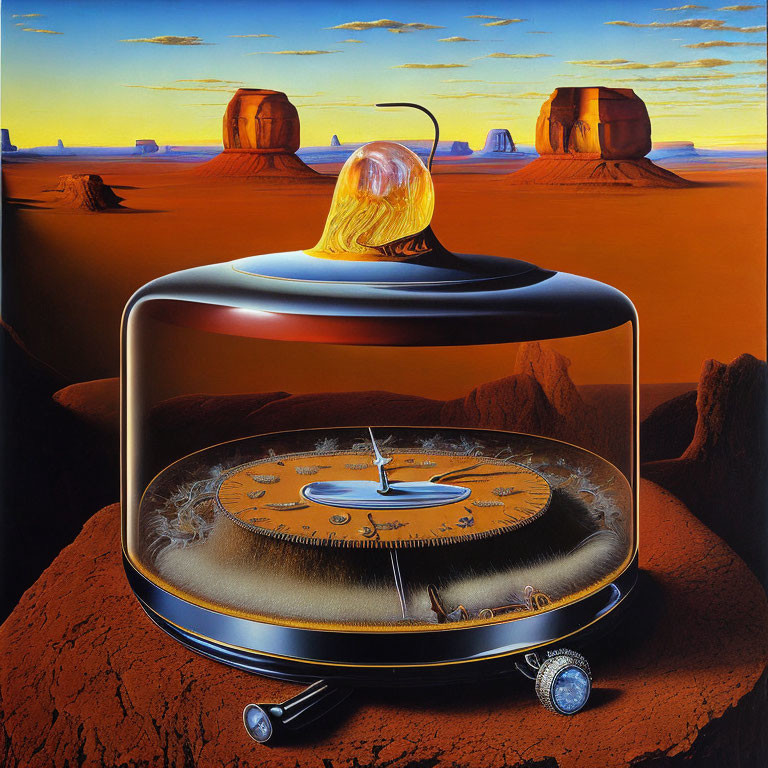 Surreal painting of transparent clock with melting gold object in desert landscape