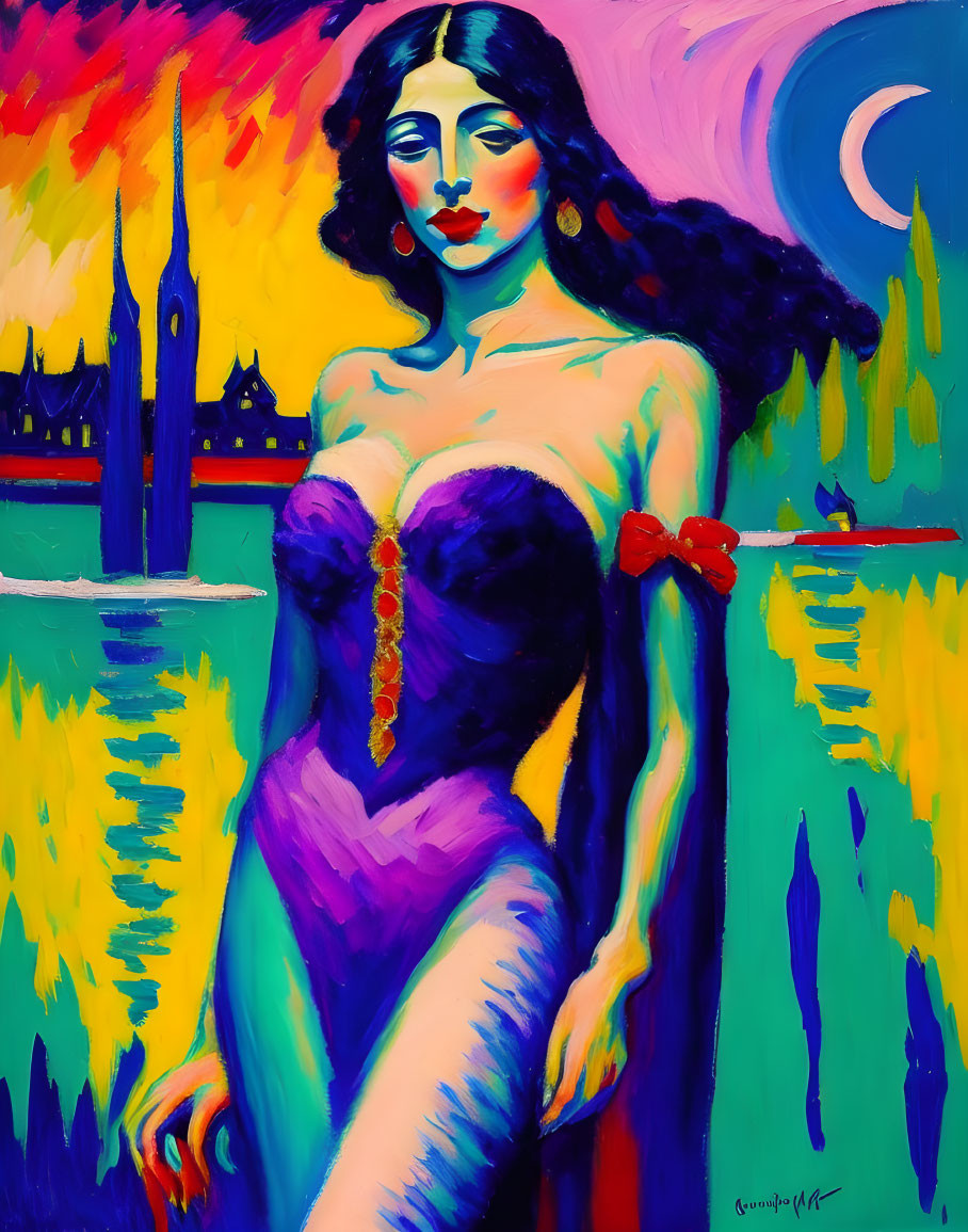 Colorful portrait of a woman with cityscape, crescent moon, and river backdrop