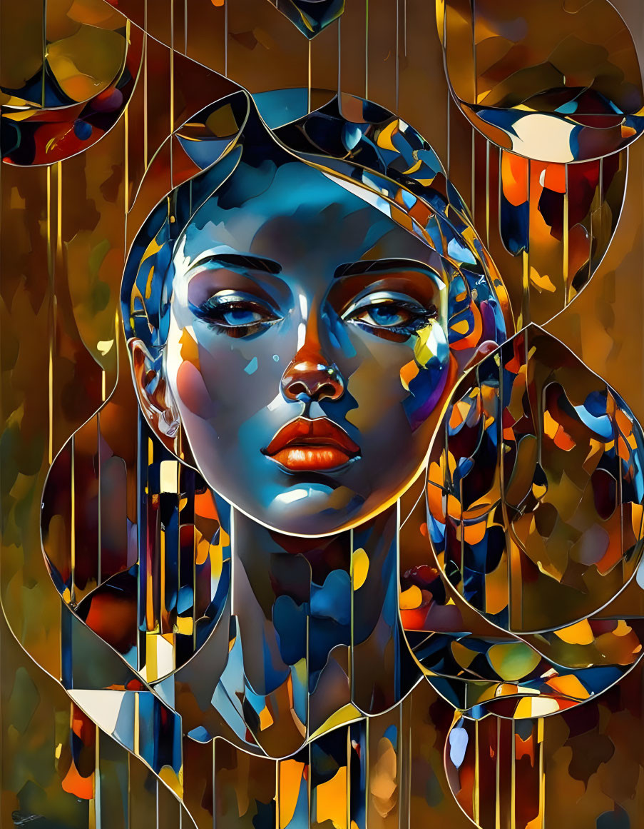 Abstract portrait of a woman with tearful eyes in blue and gold hues