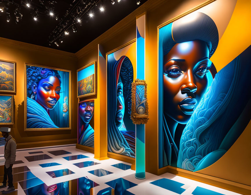 Vibrant blue portraits of women in an art gallery with intricate designs