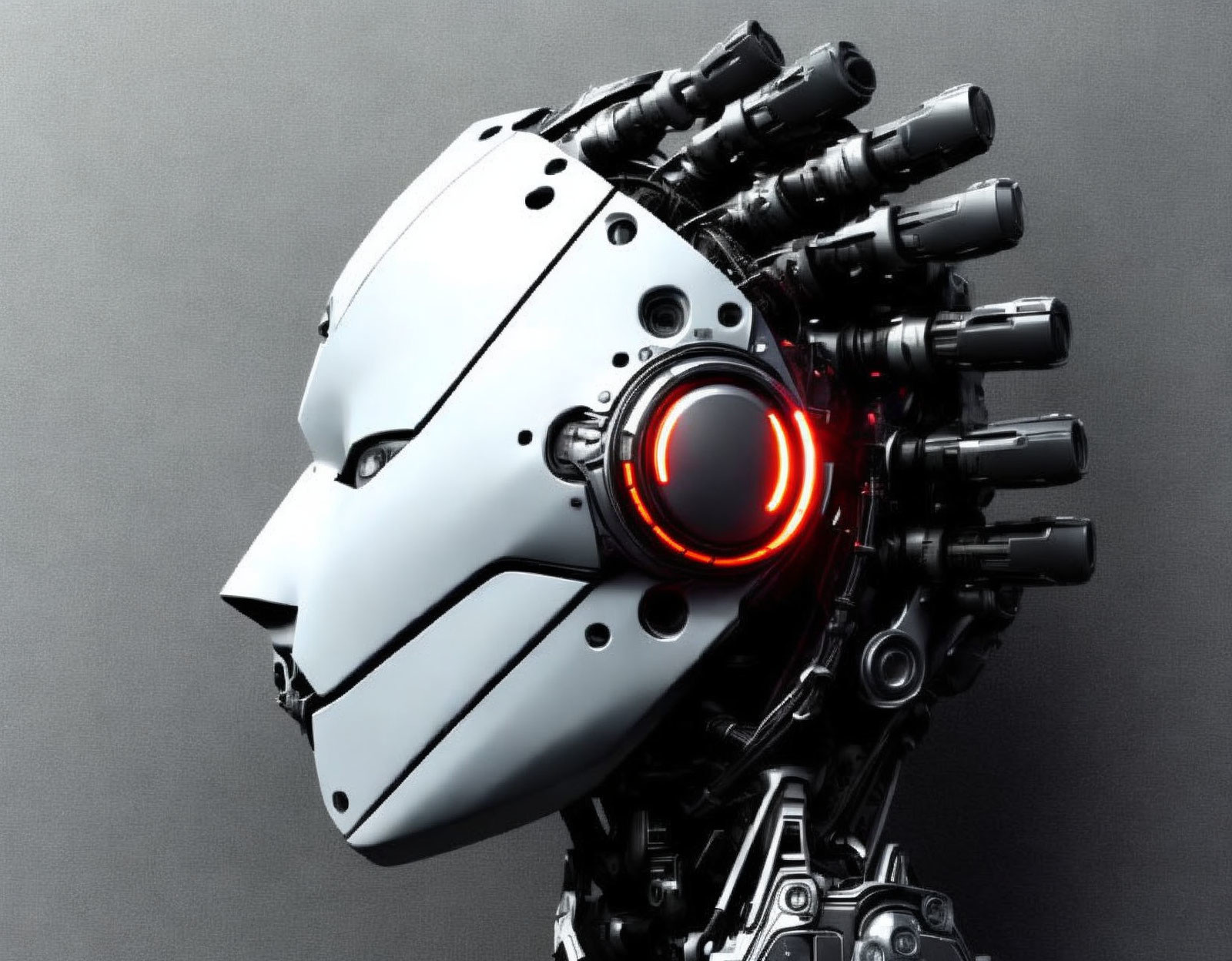 Futuristic robot head with glowing red eye and gun barrels.