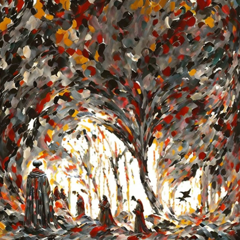 Impressionist-style painting: Figures in cloaks under vibrant, colorful tree