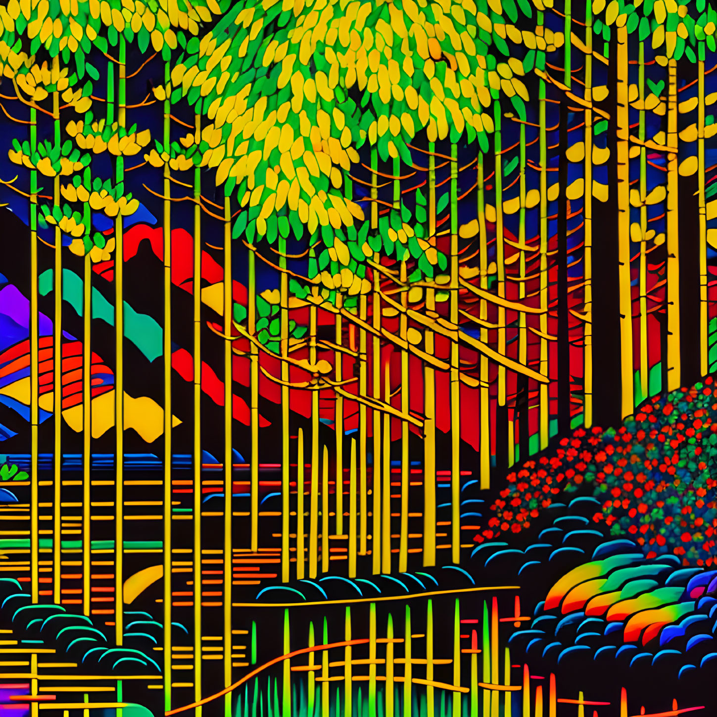 Colorful Bamboo Forest Painting with Rainbow Hues