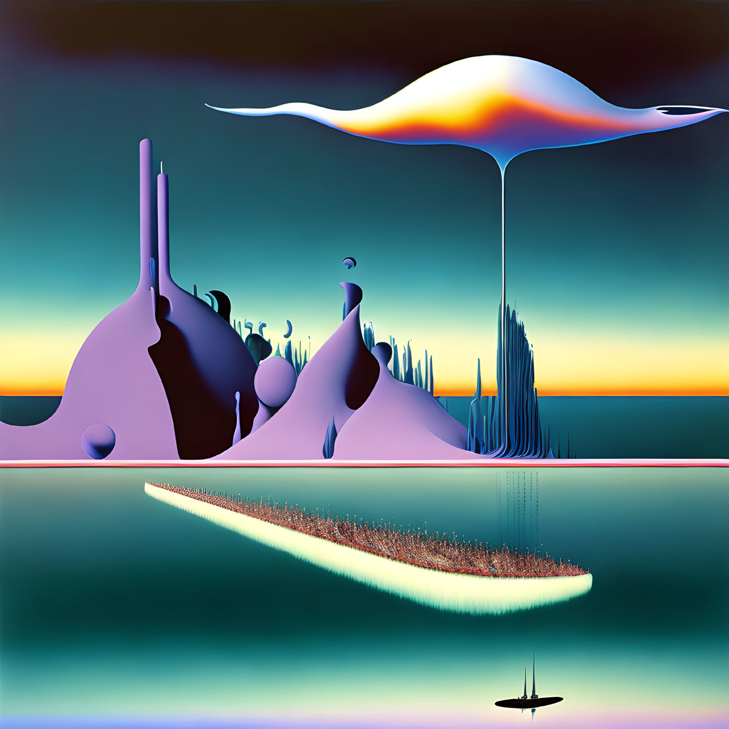 Surreal landscape with melting sunset, reflective water & abstract shapes.