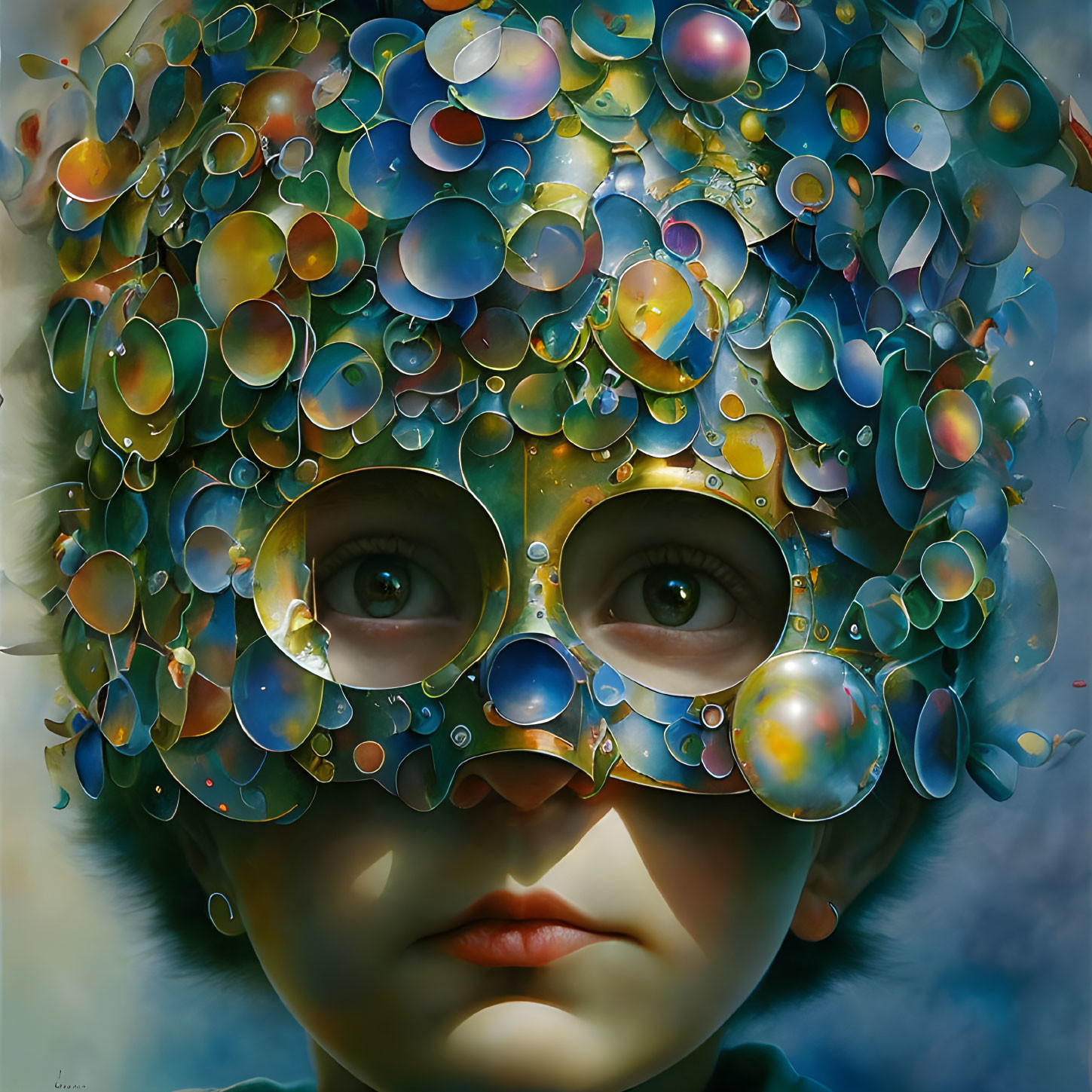 Colorful Child Portrait with Bubble Helmet: Surreal and Intricate Art Piece