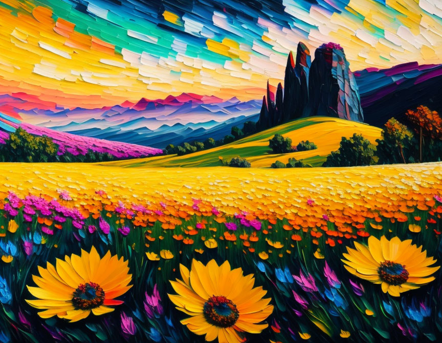 Vibrant flower fields, rolling hills, and layered mountains in colorful landscape painting