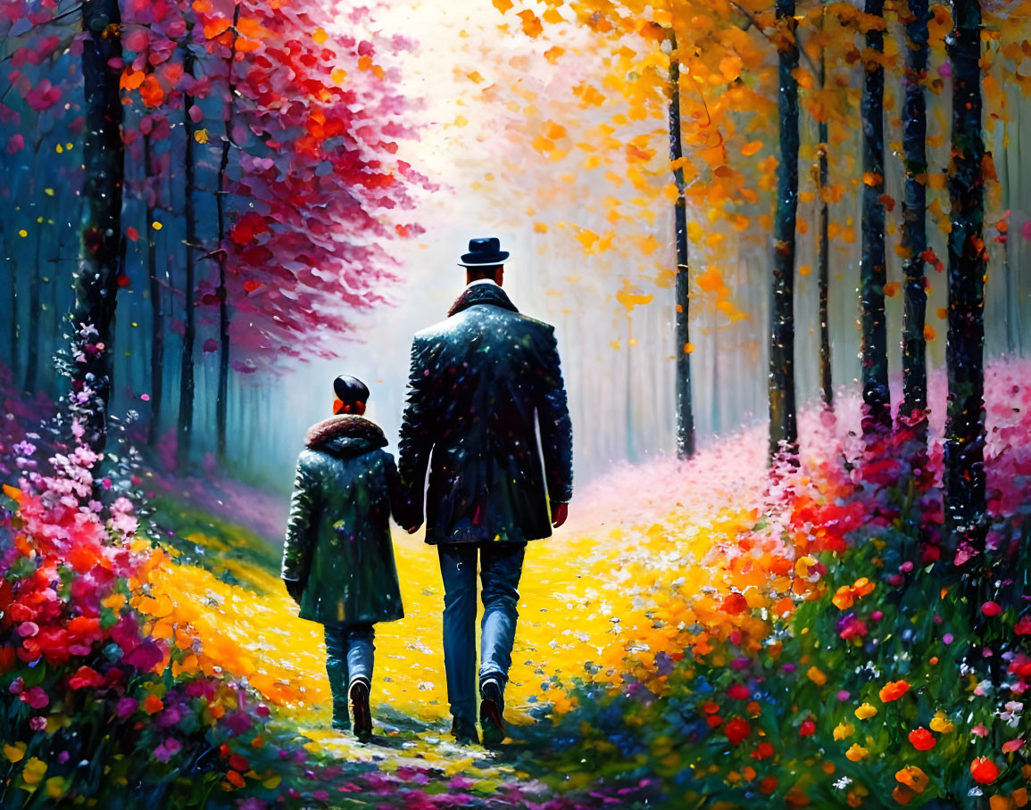 Vibrant forest scene with two people walking on flower-lined path