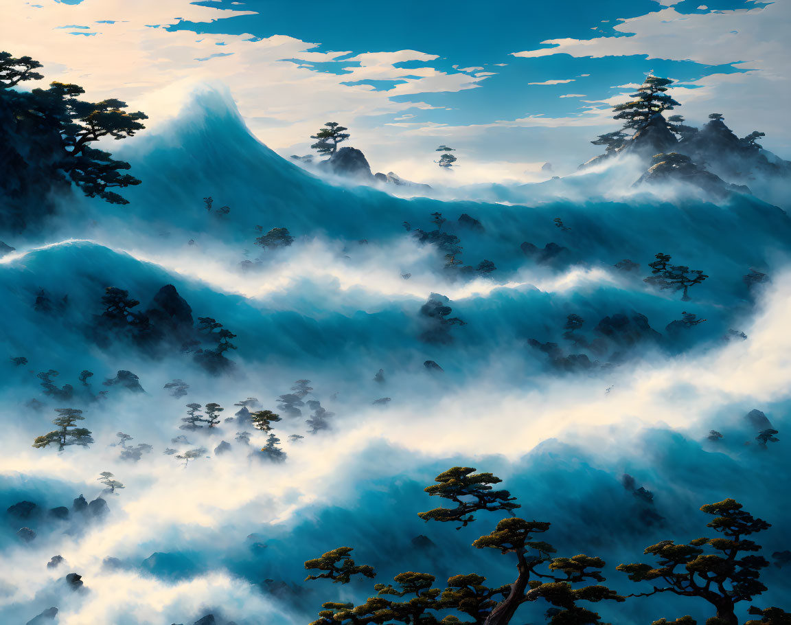 Mist-covered mountains and evergreen trees in serene landscape