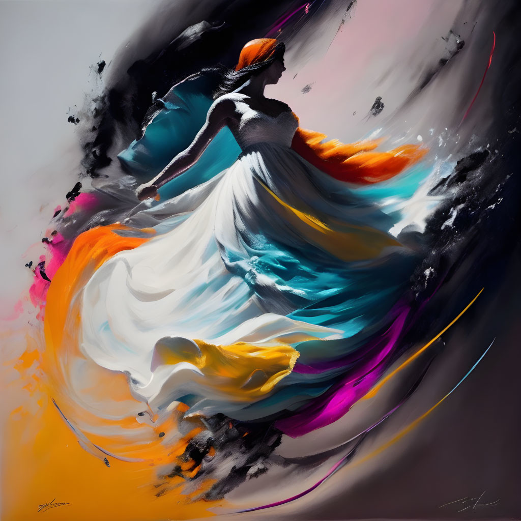 Vibrant abstract painting of a dancing woman in orange, blue, black, and white on gray