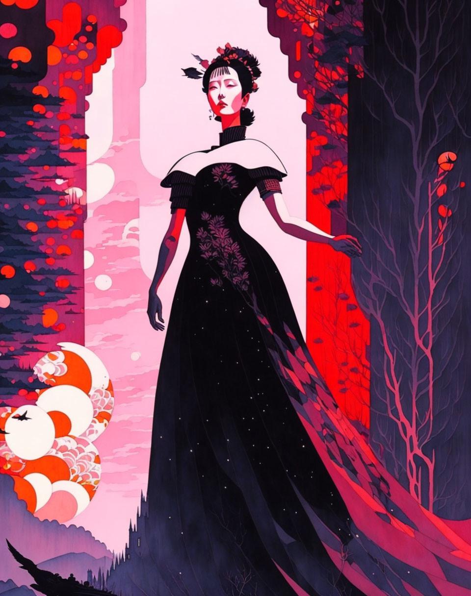 Stylized illustration of woman in black gown in vibrant forest landscape