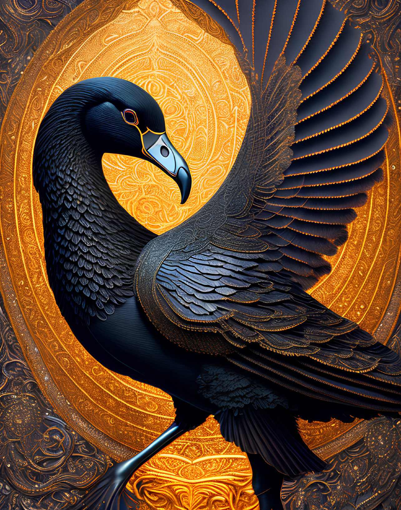 Detailed illustration of majestic black bird with golden beak and halo.