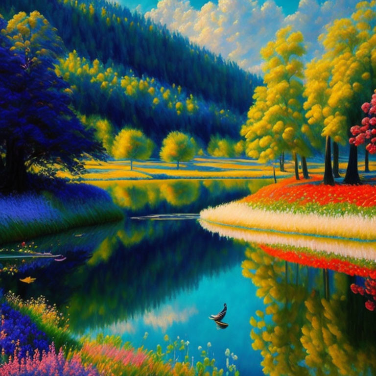 Colorful landscape painting: serene lake, vibrant trees, duck swimming