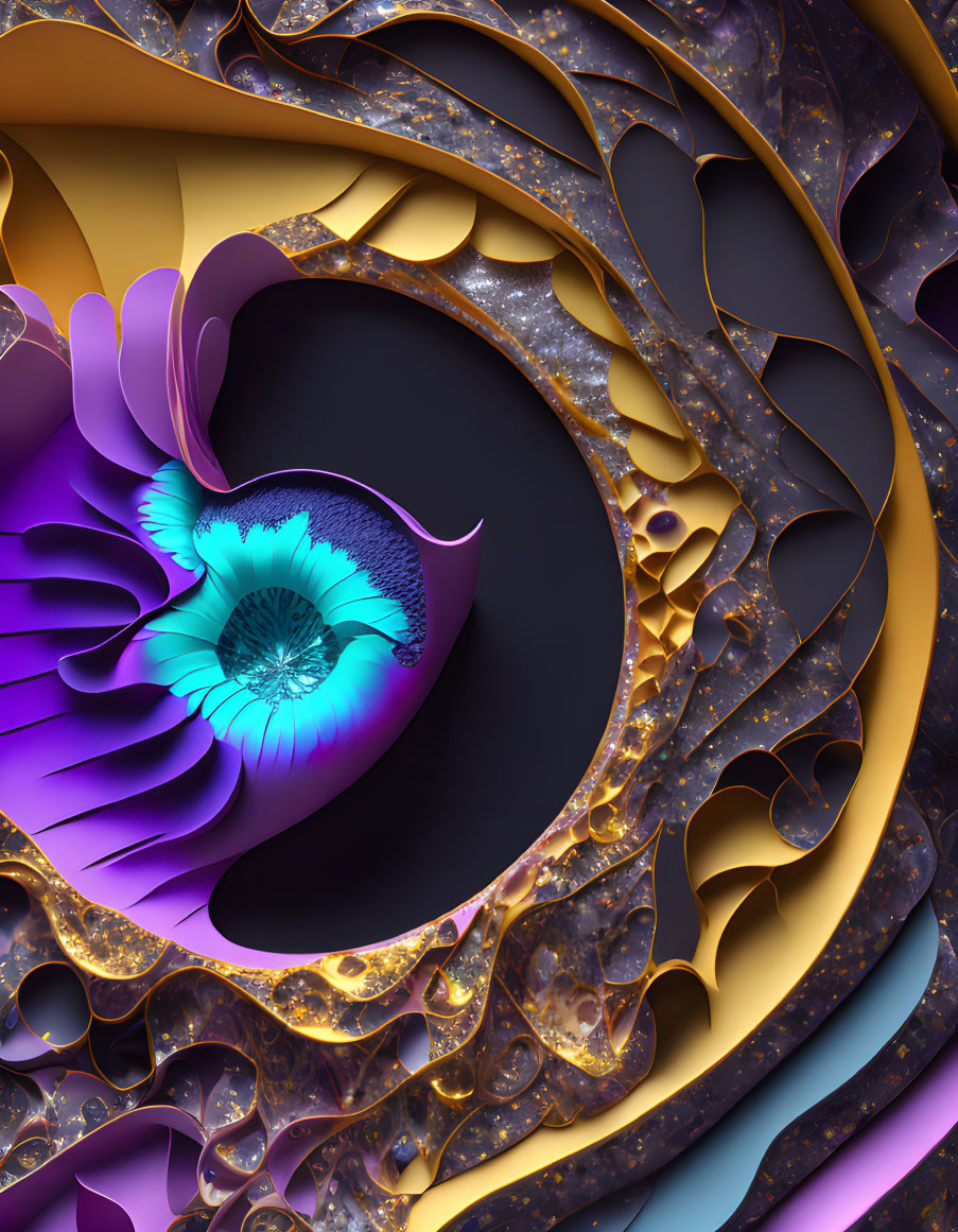 Colorful abstract digital art: Spiraling purple, gold, and blue design resembling ornate shell.