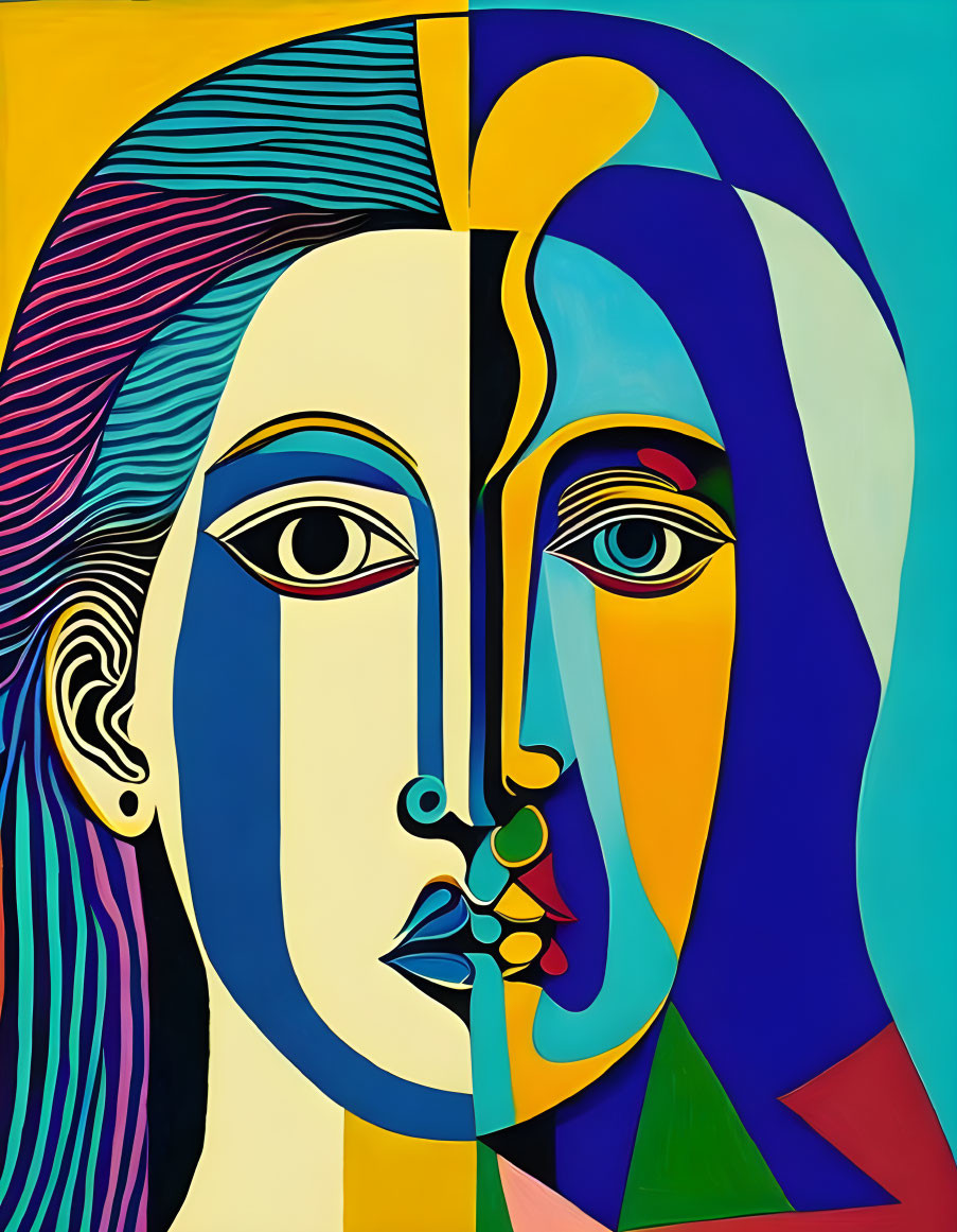 Colorful Cubist Split-Face Painting with Geometric Shapes