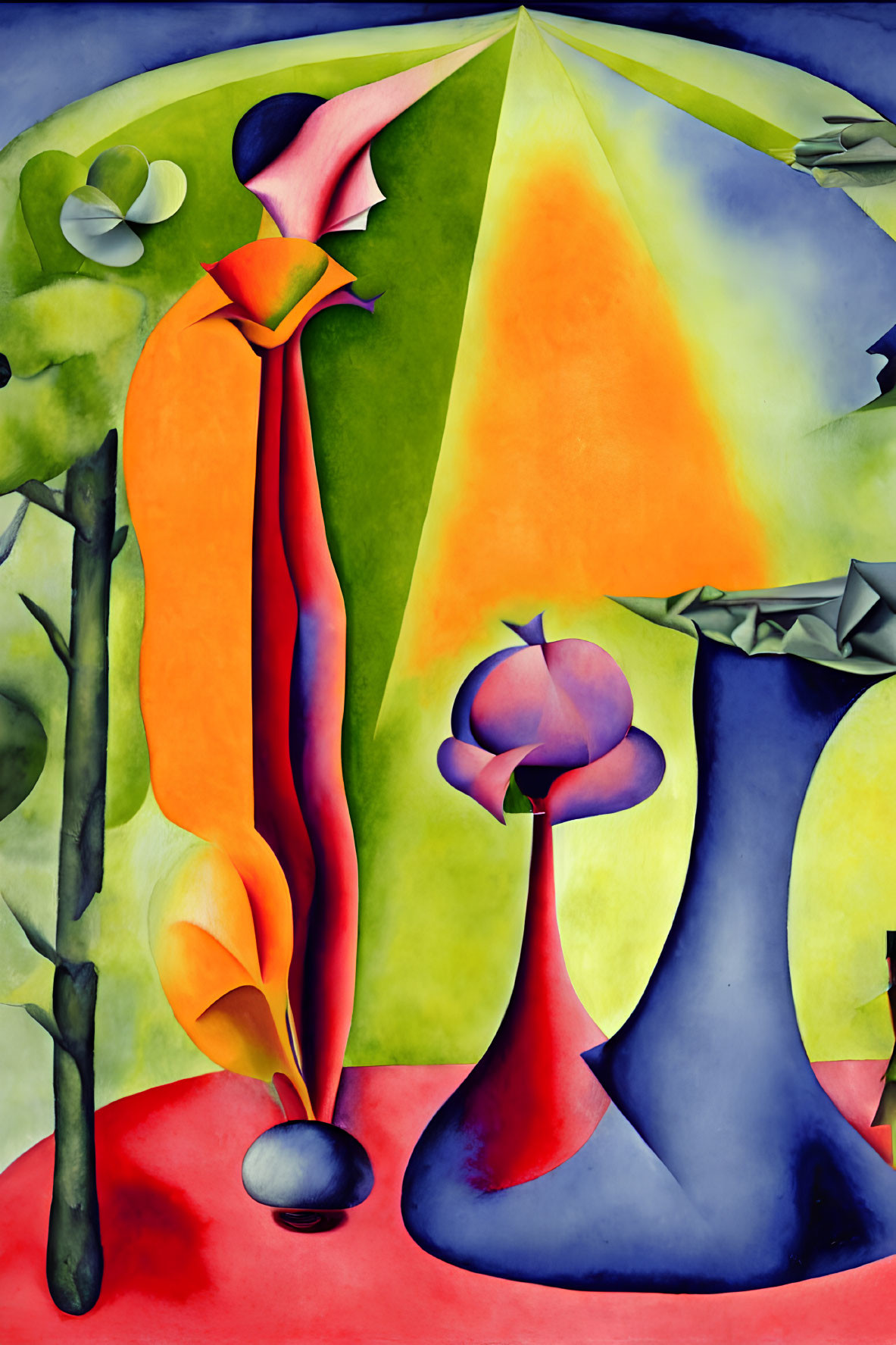 Vivid Abstract Painting: Stylized Figures, Geometric Backgrounds