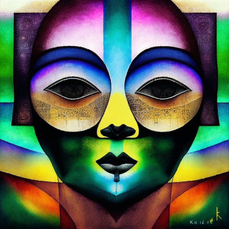 Symmetrical abstract painting of a face with vibrant hues and patchwork patterns