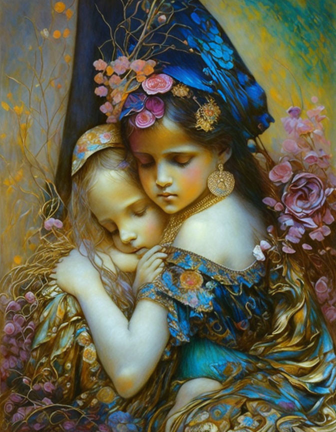 Artistic portrayal of two young girls embracing in ornate blue and gold attire.