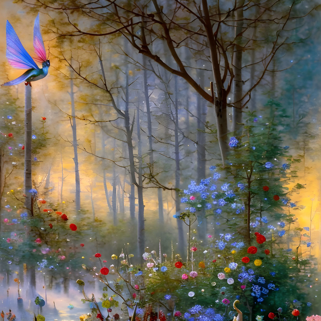 Colorful forest scene with mist and fantastical bird