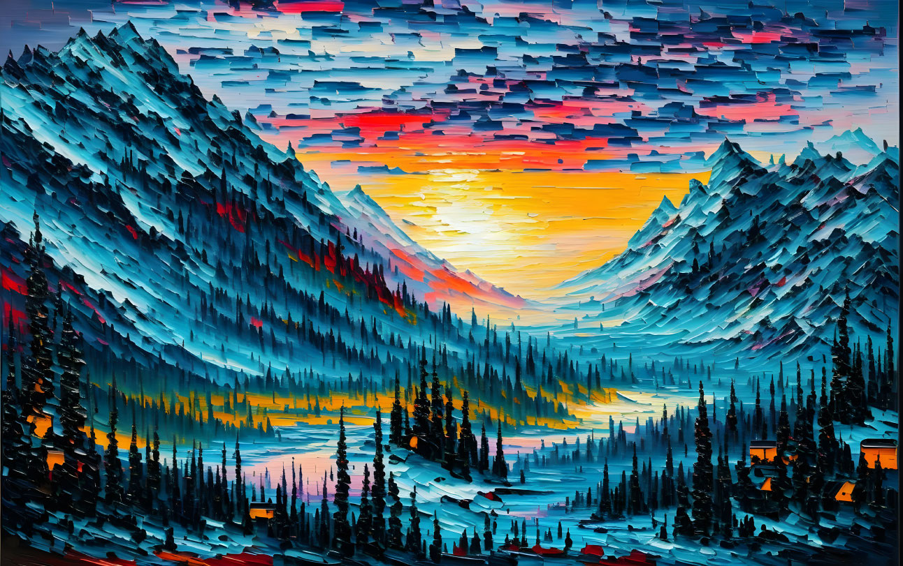 Vibrant oil painting: Colorful sunset over mountain landscape with water reflection