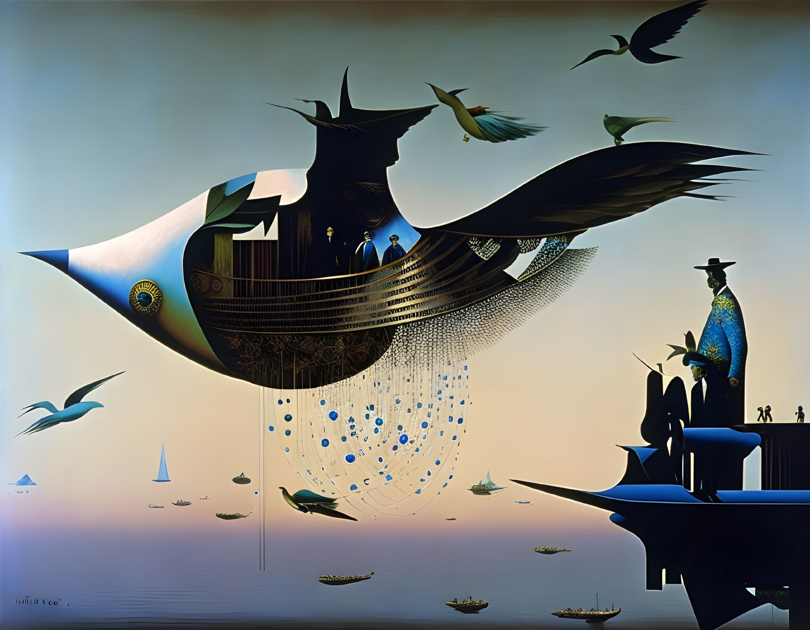 Surreal painting of ship with eye, bird, human figures, and floating islands