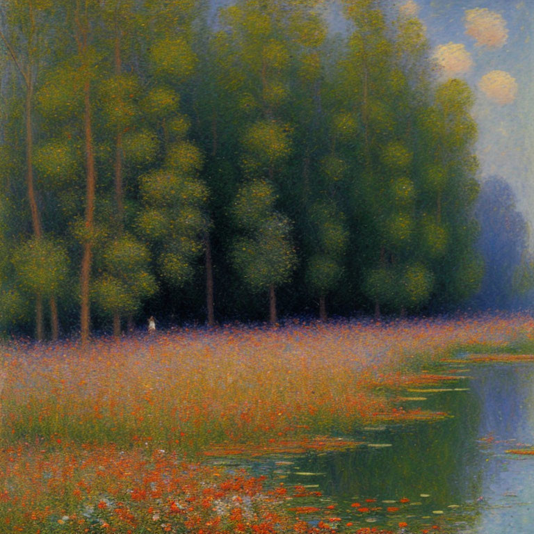 Tranquil riverbank painting with tall trees and orange flowers