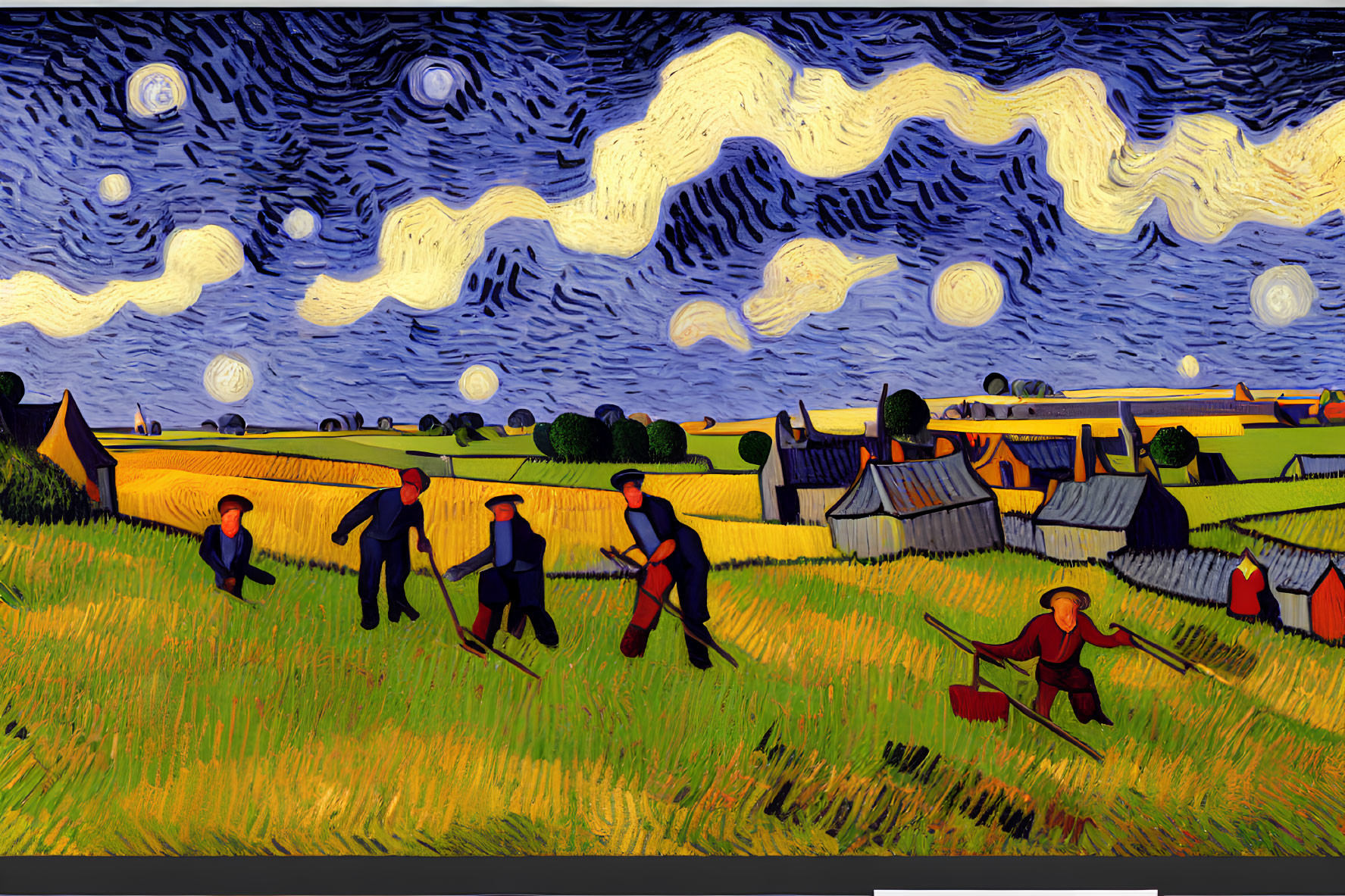 Artistic depiction of rural scene with expressive night sky