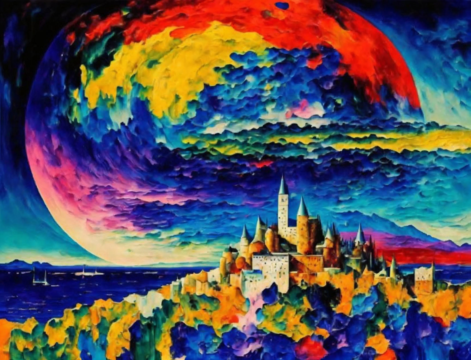 Colorful Expressionist Painting of Castle Town Landscape