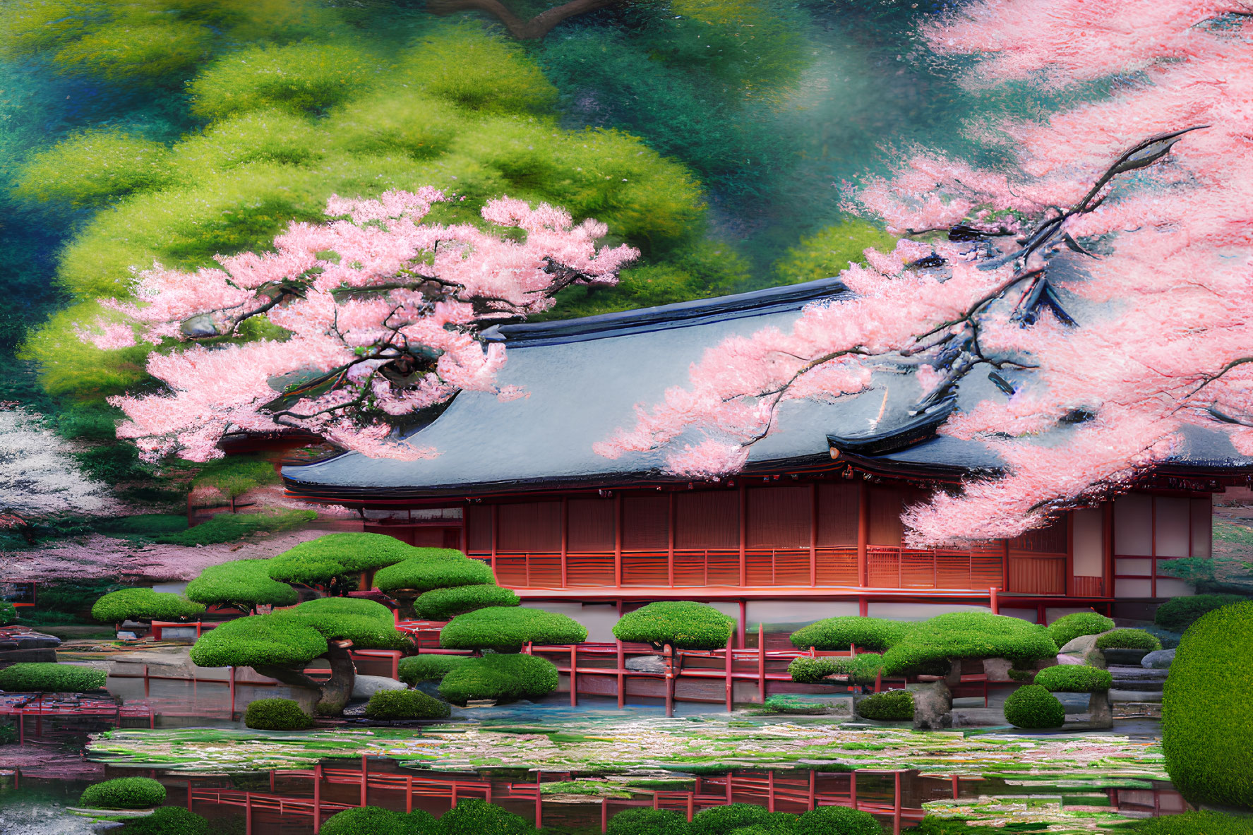 Japanese Architecture: Curved Roof, Cherry Blossoms, Greenery