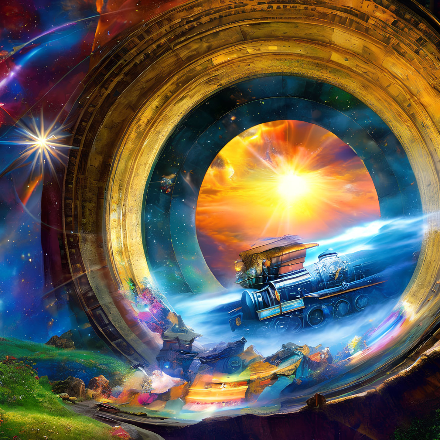 Steampunk portal transports train between earthly and cosmic realms