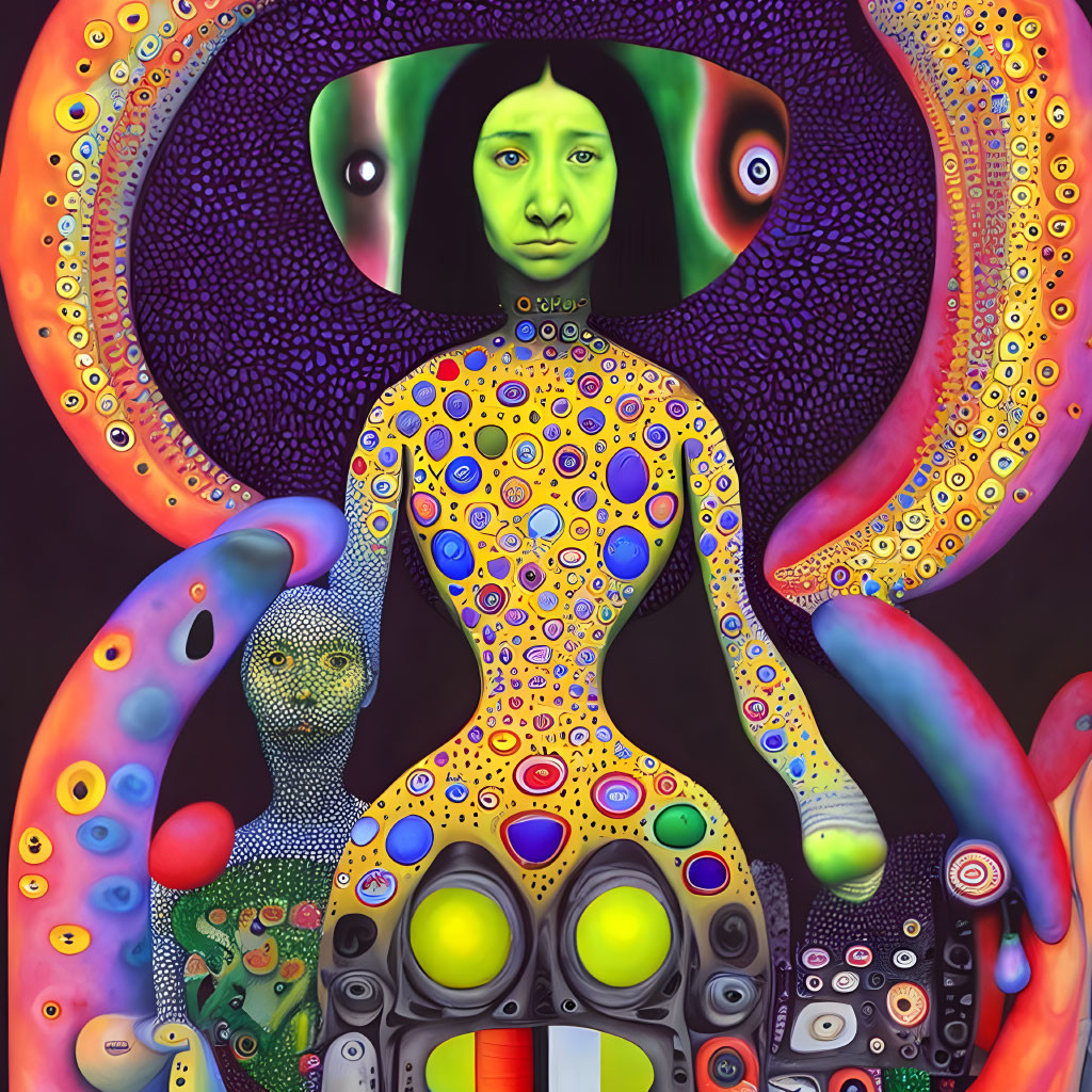 Colorful surreal artwork: central green humanoid figure in cosmic setting