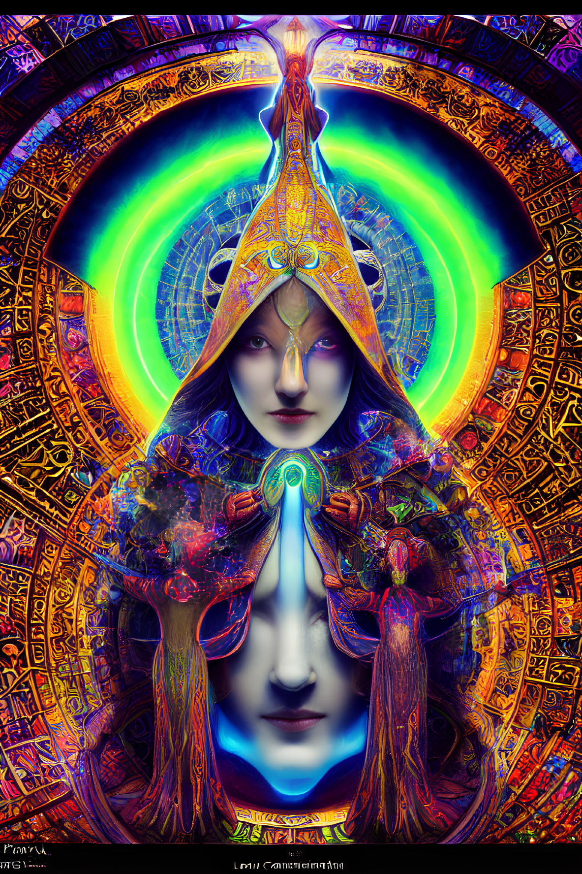 Symmetrical mystical figure with elaborate headdress in neon hues