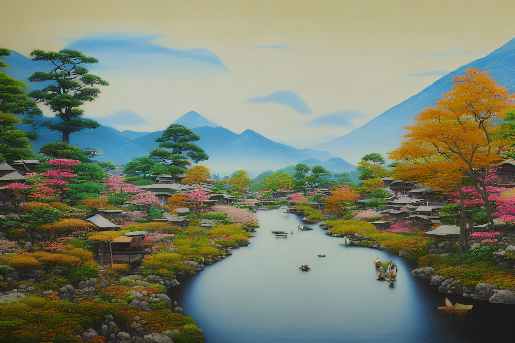 Tranquil village landscape with river, mountains, and colorful trees