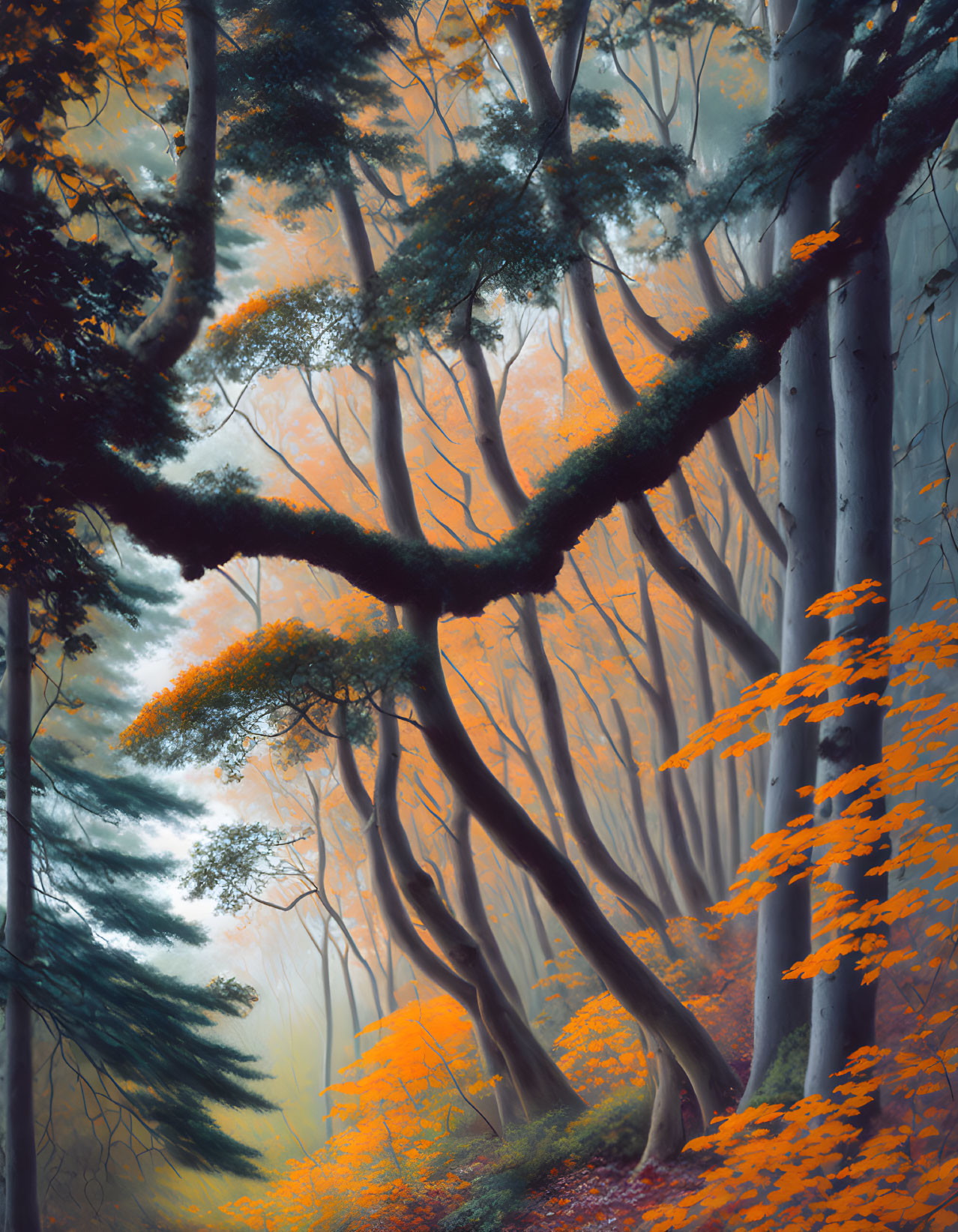 Ethereal forest with mist and vibrant orange foliage