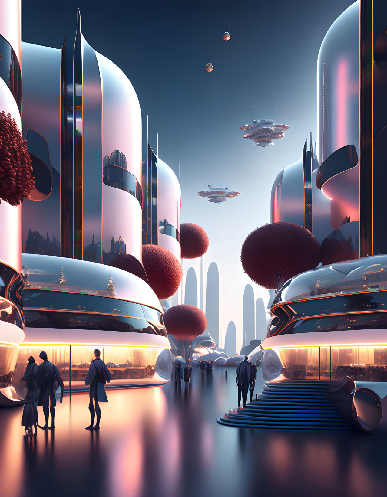 Futuristic cityscape with towering buildings, glowing lights, red trees, flying vehicles