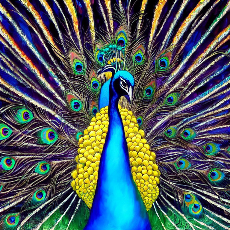 Colorful Peacock with Iridescent Blue and Green Tail Feathers