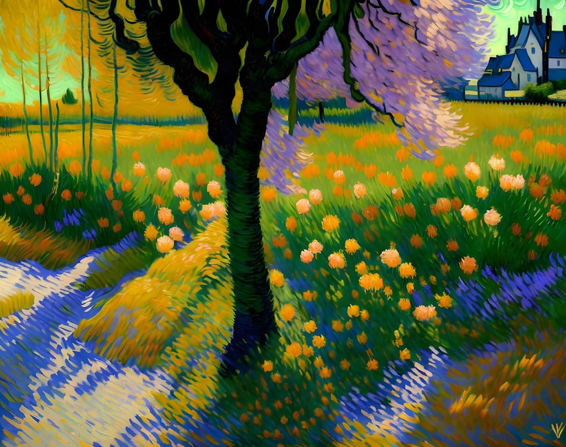 Impressionist painting of blooming tree, yellow flowers, winding path, and house at twilight