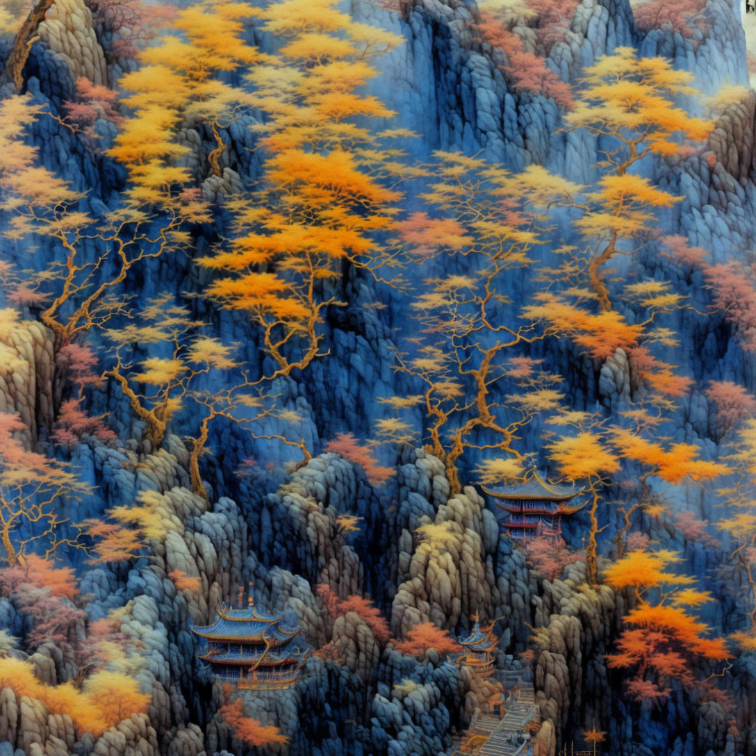 Traditional Asian landscape painting with autumn trees, mountain peaks, and ancient pagodas.