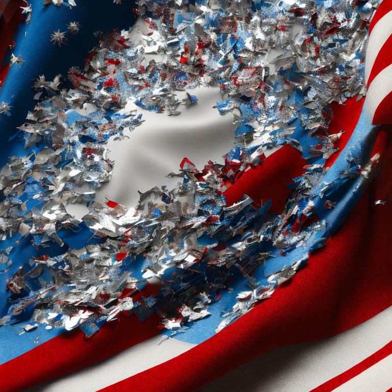 Abstract United States flag with dispersing stars on rippled fabric background