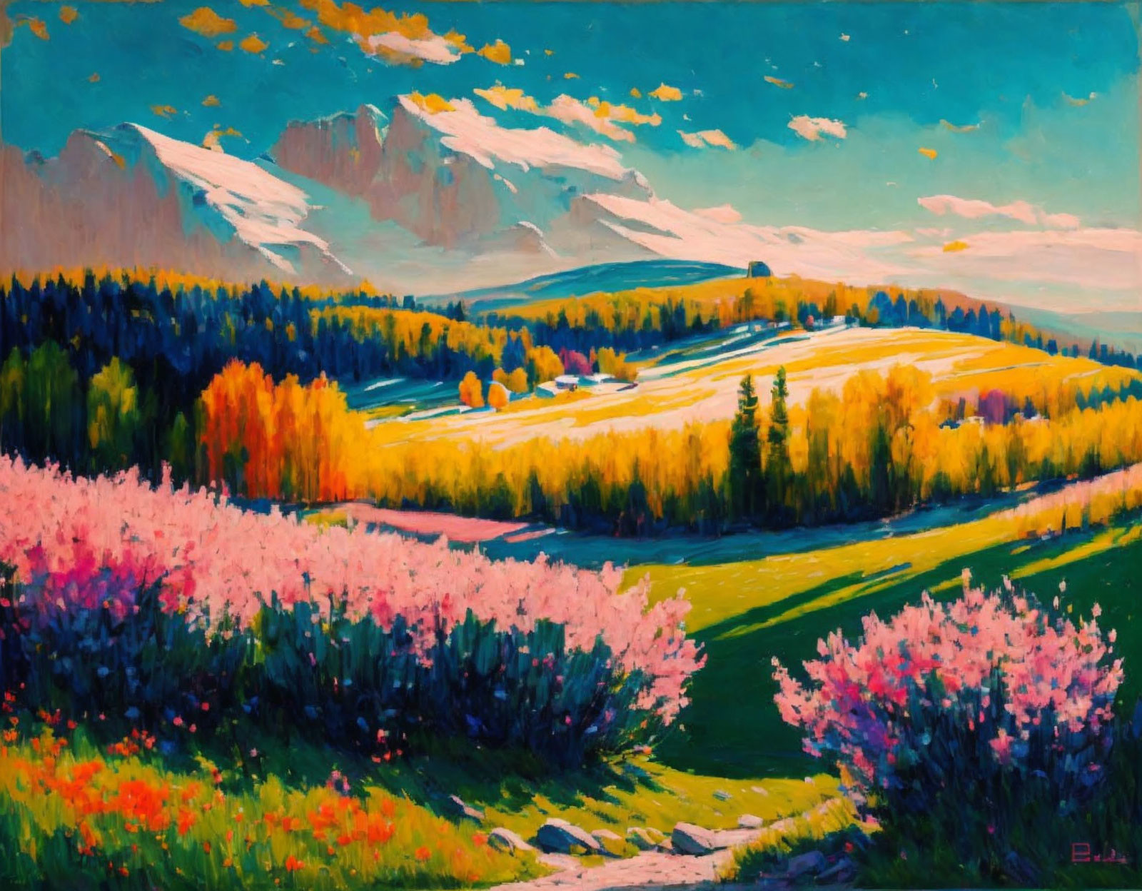 Vibrant landscape painting: lush valley, pink flowers, river, snow-capped mountains, bright