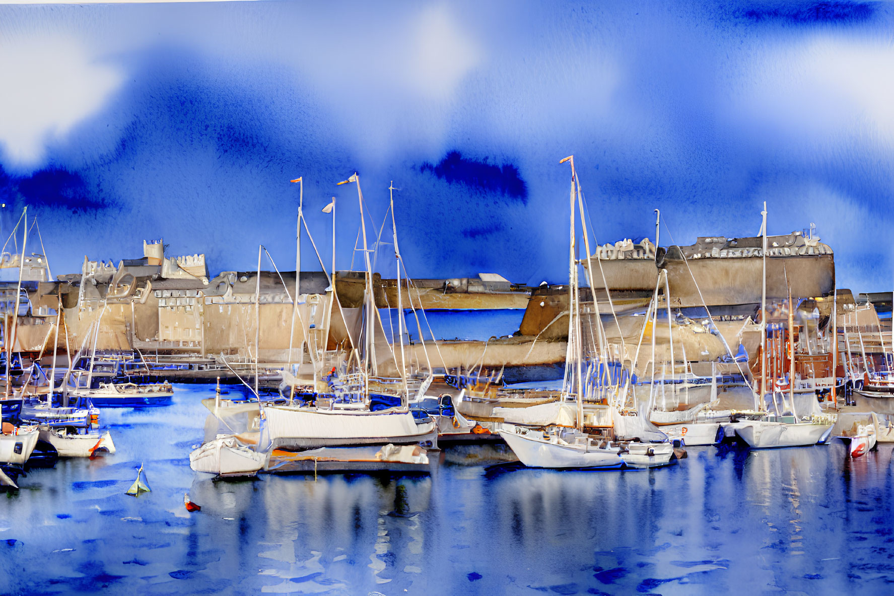 Sailboats in Calm Harbor with Fortified Structure - Watercolor Painting