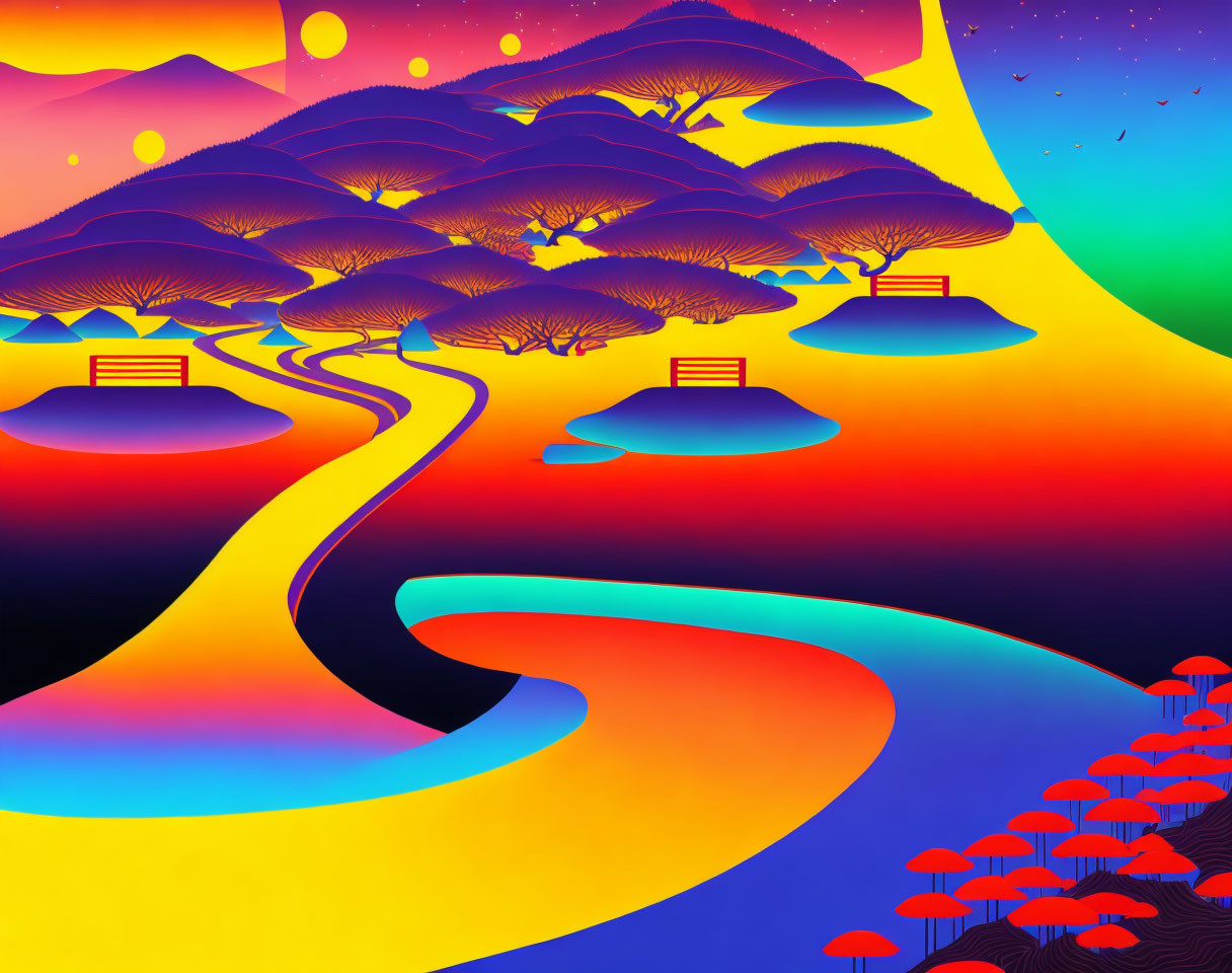 Colorful surreal landscape with stylized trees, winding river, and multiple suns/moons