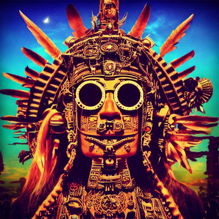 Aztec-inspired headdress and mask against crescent moon