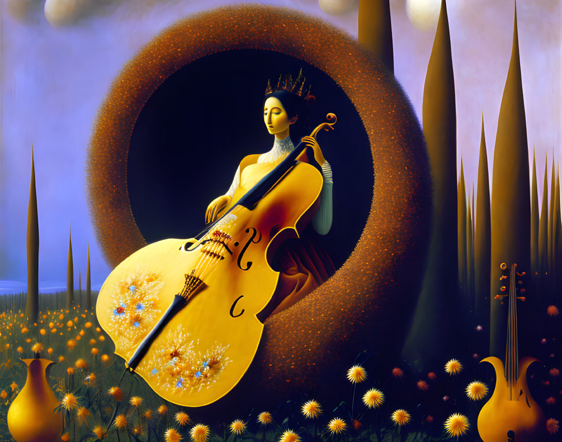 Surreal painting of woman with cello in dreamlike landscape