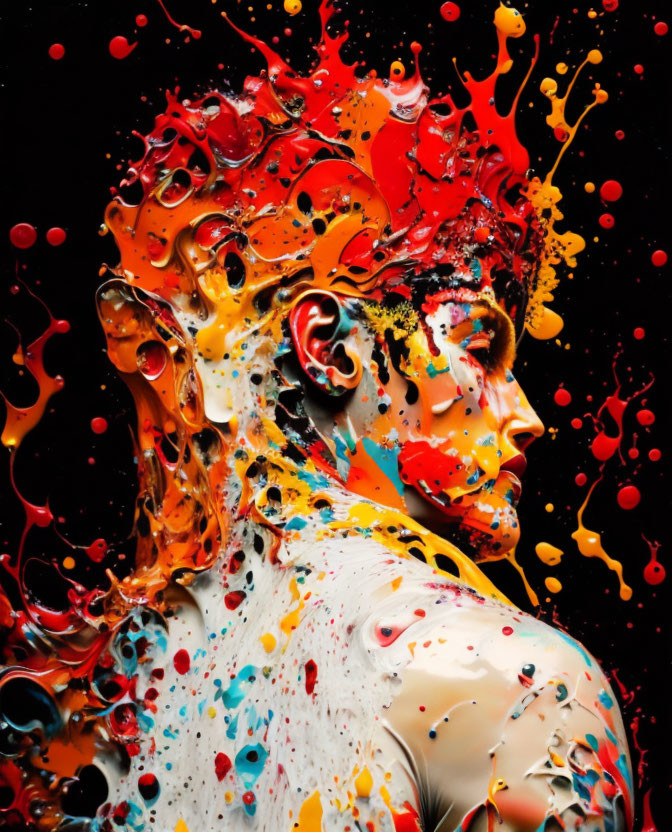 Colorful liquid splashes on person's side profile against black background