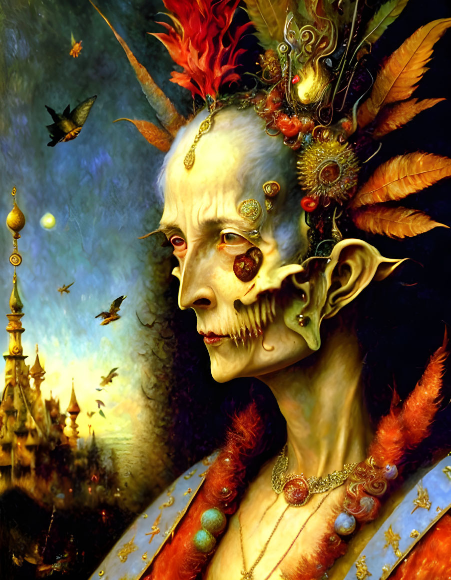 Fantastical portrait of pale-skinned creature with golden ornaments, feathers, and castle background