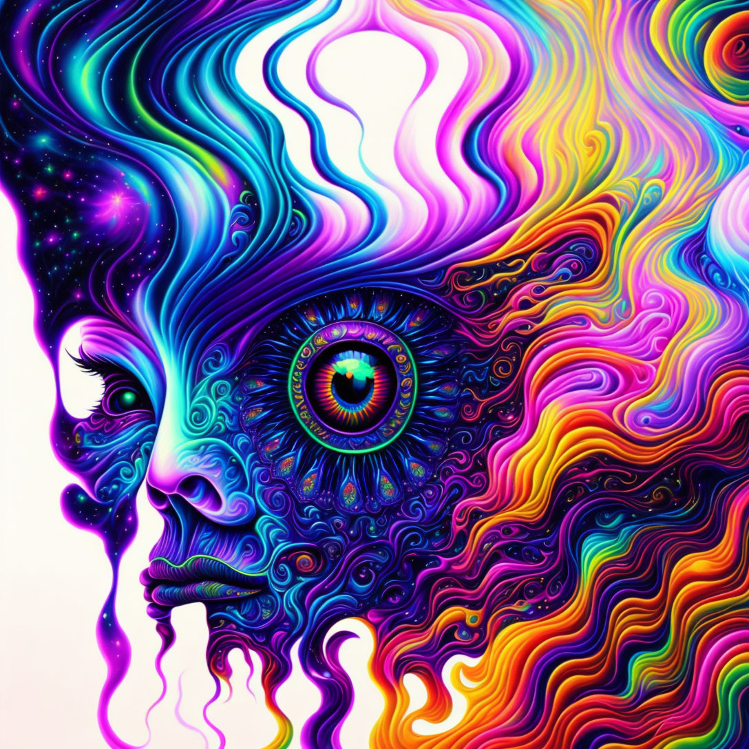 Colorful Psychedelic Digital Artwork: Woman's Face with Cosmic Eye