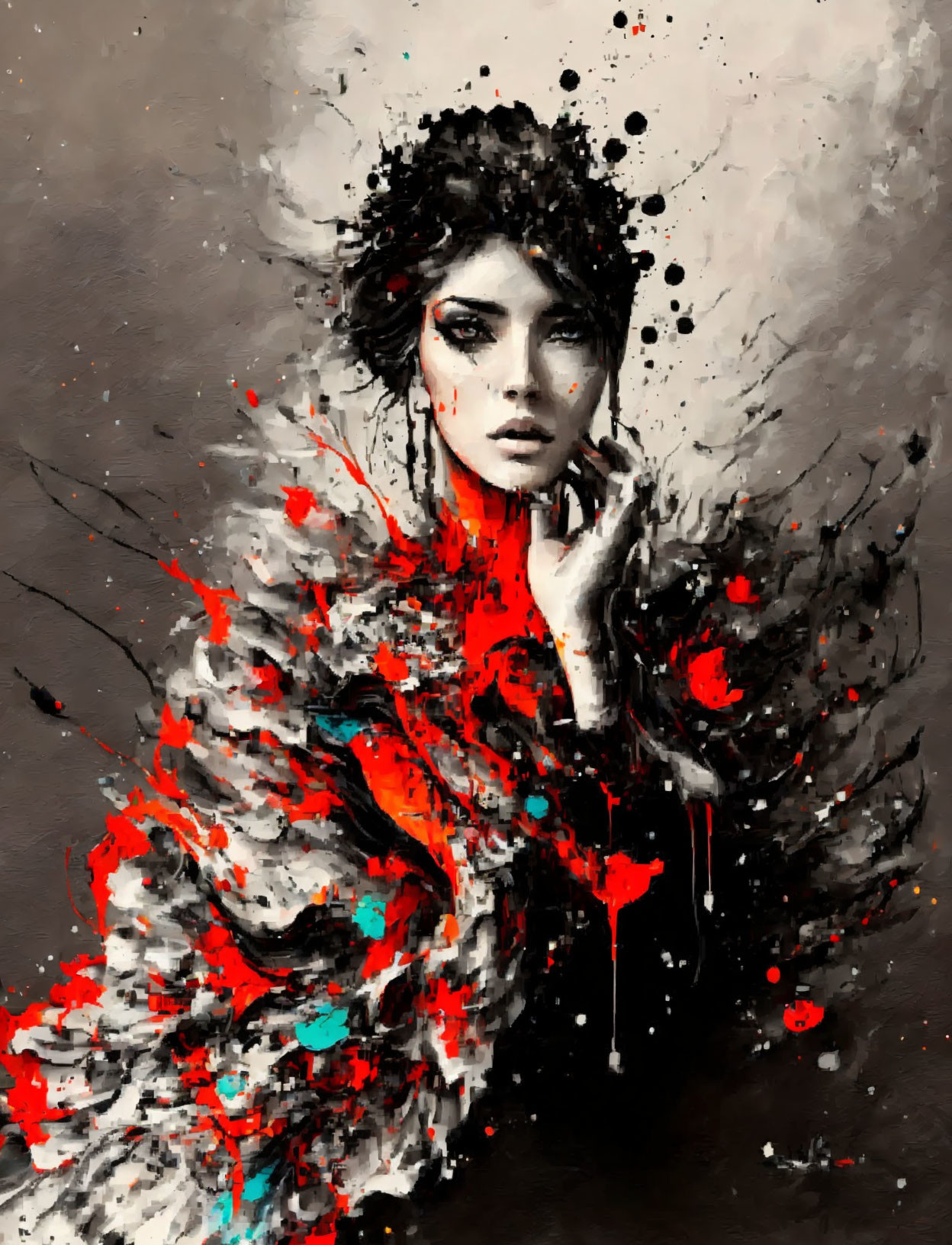 Vivid red and black abstract portrait with dynamic splashes and drips