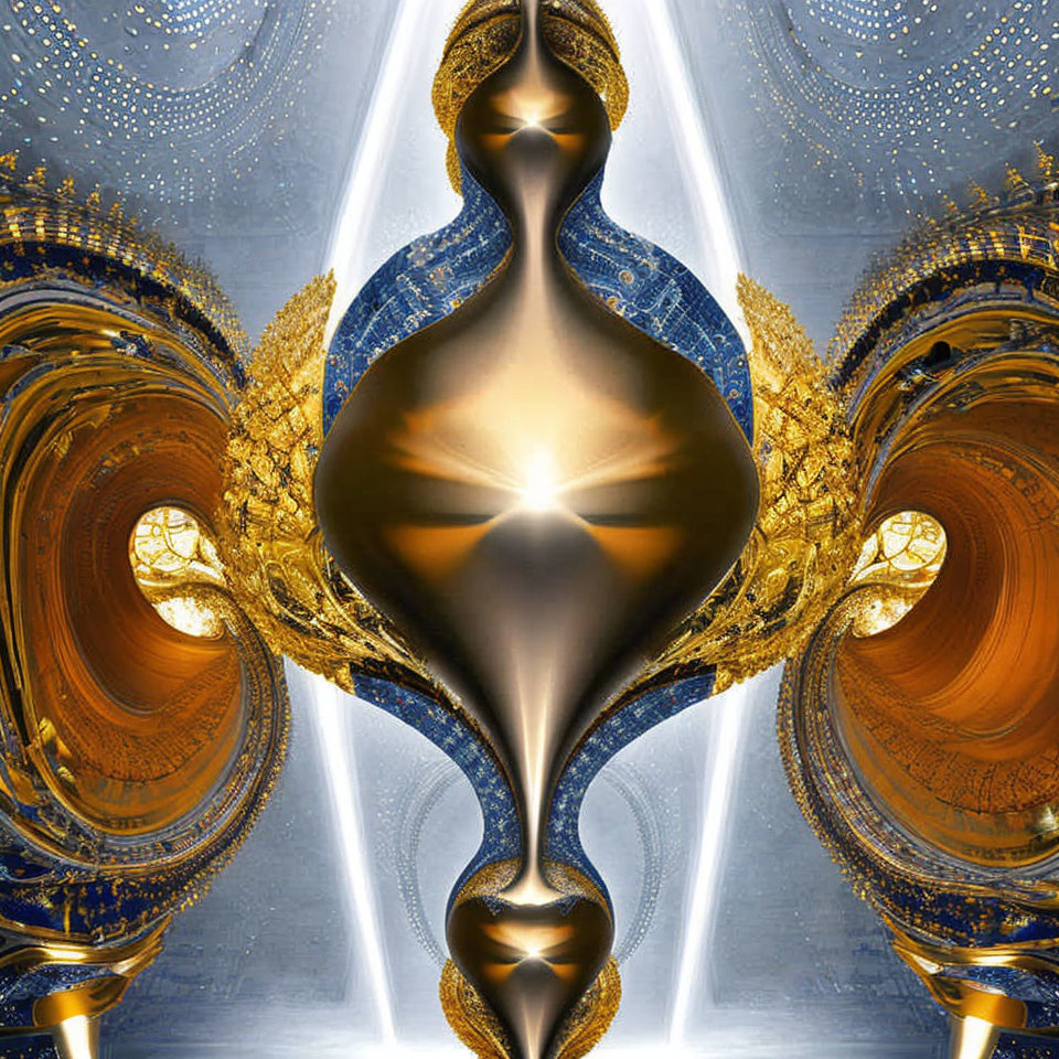 Symmetrical abstract design in gold and blue tones with hourglass and wing-like patterns.