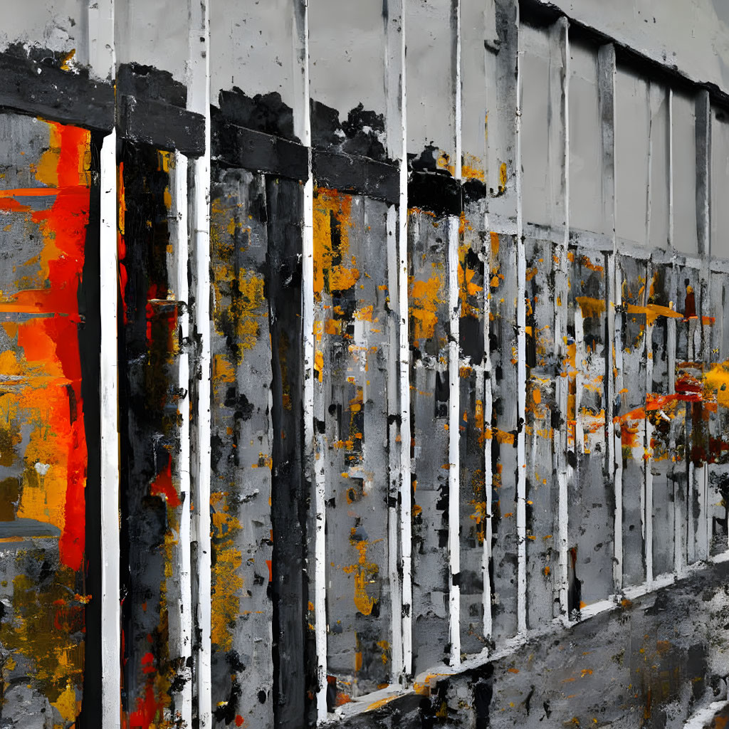 Abstract Art: Grungy Black Vertical Lines on Grey with Orange and Red Splashes