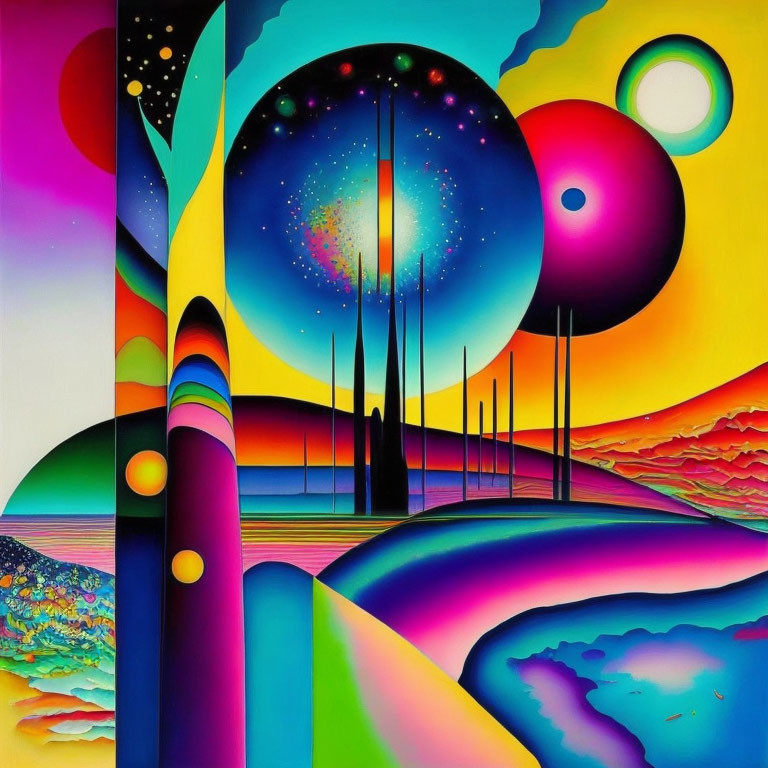 Colorful surreal landscape with spikey towers and celestial bodies